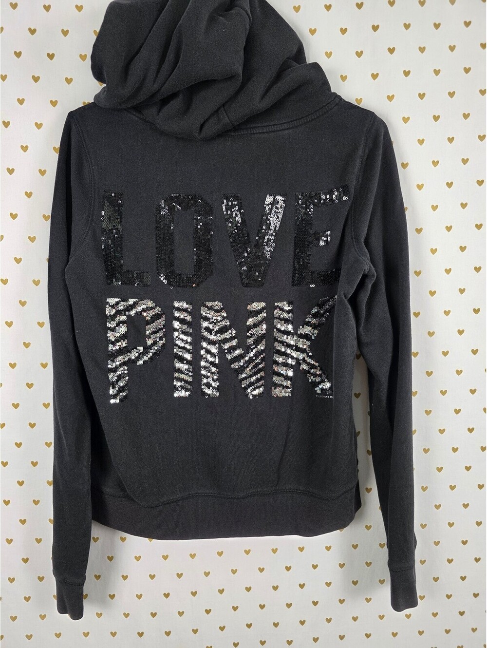 Victorias Secret Pink ZEBRA BLING Vintage Full Zip Black Hoodie Sequined Large